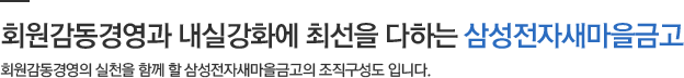 회원감동경영과 내실강화에 최선을 다하는 삼성전자새마을금고 회원감동경영의 실천을 함께 할 삼성전자새마을금고의 조직구성도 입니다.