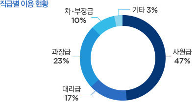 직급별이용현황(사원급47%,대리급17%,과장급23%,차부장급10%,기타3%)