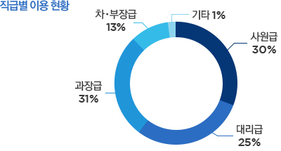 직급별 이용 현황 : 과장급 31%, 사원급 30%, 대리급 25%, 차장 및 부장급 13%, 기타 1%