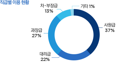 직급별 이용 현황 : 사원급 37%, 과장급 27%, 대리급 22%, 차장 및 부장급 13%, 기타 1%